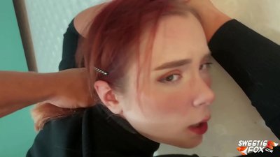 Man Fucked in Mouth and pussy فرمانبردار ڳاڙهي سرن وارو Skimpy and Cum on tits